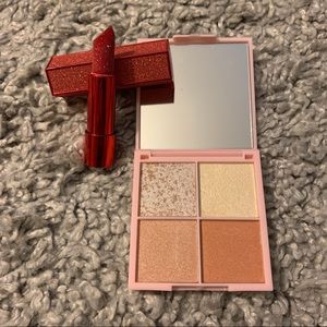 Makeup - Red sparkly lipstick and face palette